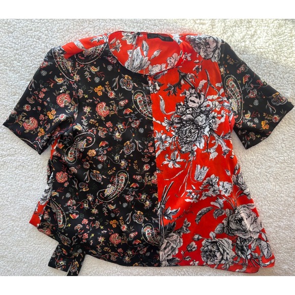 Zara Tops - Zara Woman Mixed Print Floral Paisley Blouse Red Black Short Sleeve XL
